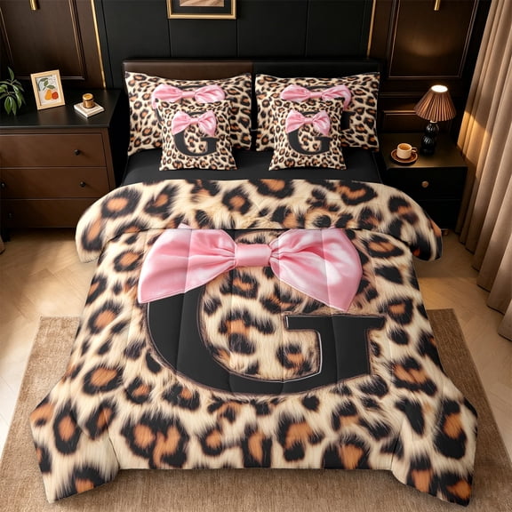 Erosebridal Brown Leopard Pattern 7-Piece Twin Bedding Sets For Cheetah Lover,Black Letter G Initial Print Bedding Comforter Set For Girls Kids,Black Reversible