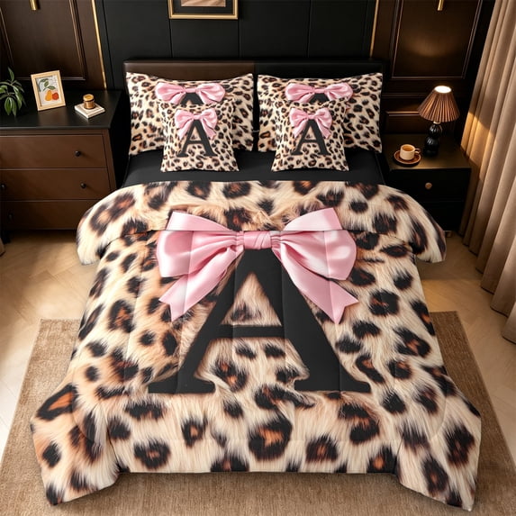 Erosebridal Brown Leopard Print 7pcs Bedding Comforter Set For Girls,Letter A Initial Kids Queen Bedding Sets,Black Reversible