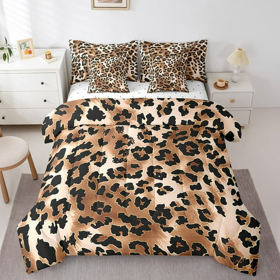 Erosebridal Brown Leopard Print Bedding Twin Size, Wild Animal Theme Comforter Sets with Sheets, Cheetah Print Room Decor Microfiber 7pcs