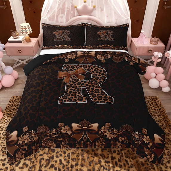 Erosebridal Brown Leopard Print Full Size Comforter Sets for Girls Women, Monogrammed R Bedding Sets, Black Reversible 3-Piece, 1 Comforter and 2 Pillowcases