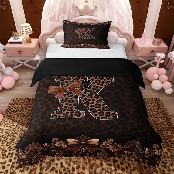 Erosebridal Brown Leopard Print Twin Bedding for Girls Women, Monogrammed K Duvet Cover Set, Black Reversible 2-Piece, 1 Duvet Cover and 1 Pillowcase (No Comforter)