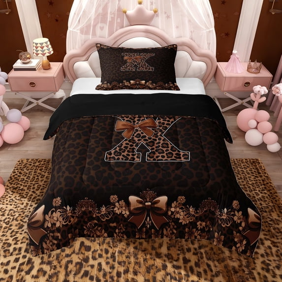 Erosebridal Brown Leopard Print Twin Comforter Sets for Girls Women, Monogrammed X Bedding Set, Black Reversible 2 Pieces, 1 Comforter and 1 Pillowcase