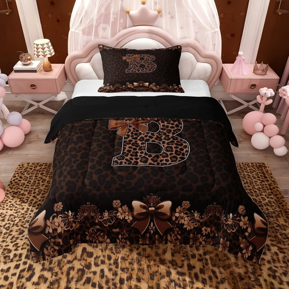 Erosebridal Brown Leopard Print Twin Comforter Sets for Girls Women, Monogrammed B Bedding Set, Black Reversible 2pcs, 1 Comforter and 1 Pillowcase