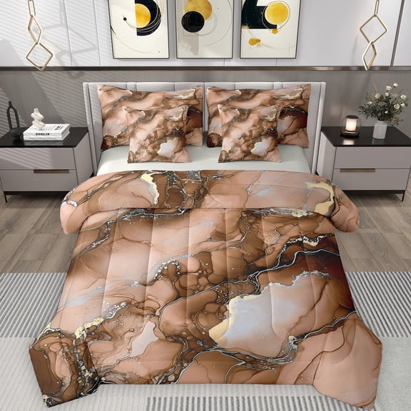 Erosebridal Brown Marble Bedding Comforter Set, Gold Metalic Full Bedding Set, Gray Reversible, 7pcs