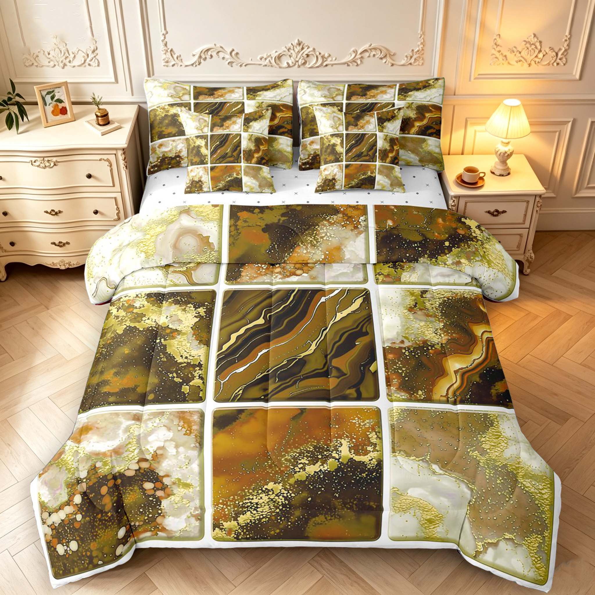 Erosebridal Brown Marble Golden 7pcs Queen Bedding,Luxurious Fluid ...