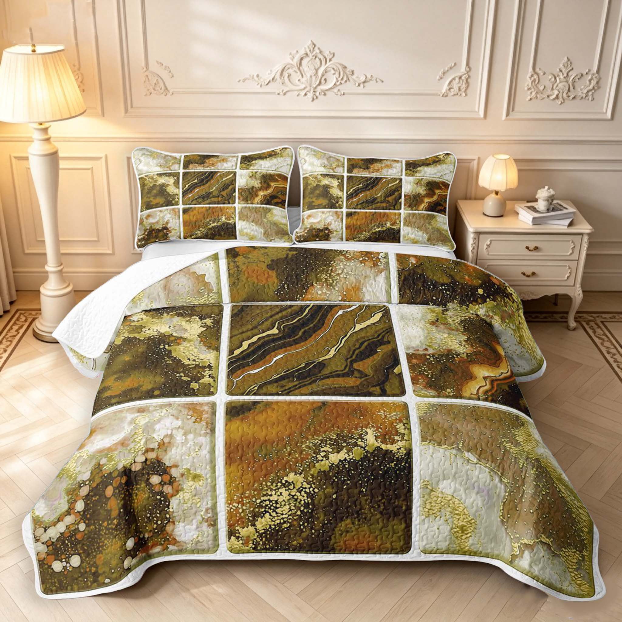 Erosebridal Brown Marble Golden Quilt King,Luxurious Fluid King ...