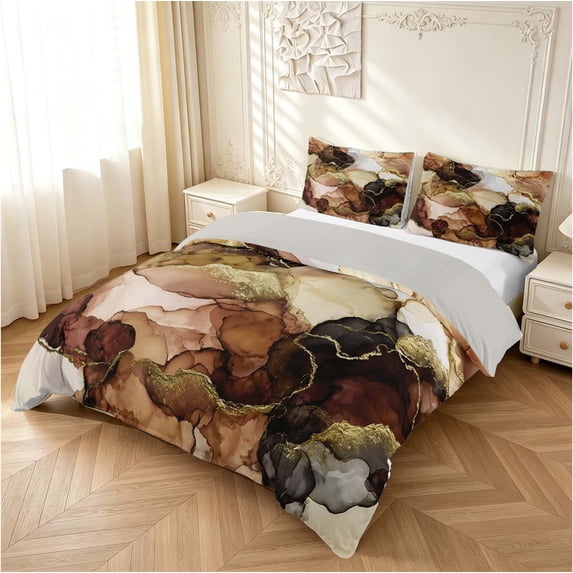 Erosebridal Brown Marble Wash Gold Bedding,Modern Dark Marbling Glow ...