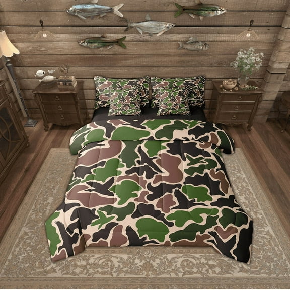 Erosebridal Brown Military Green Camo Bedding Twin Size, Aesthetic Camouflage Comforter Sets with Sheets, Reversible 7pcs