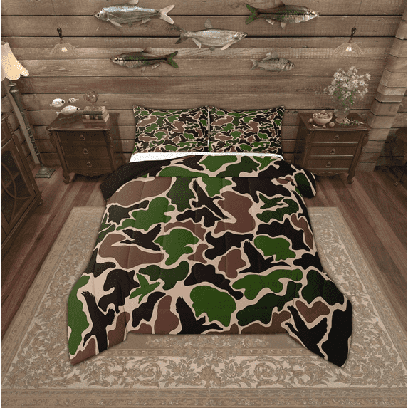 Erosebridal Brown Military Green Camo Comforter Sets Twin Size, Aesthetic Camouflage Comforters & Duvets, Reversible 2pcs