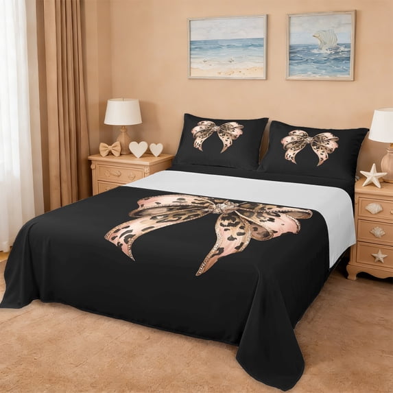 Erosebridal Brown Personalized Leopard Bowknot Bed Sheets,Wild Cheetah Print Kids King Sheets 4pcs