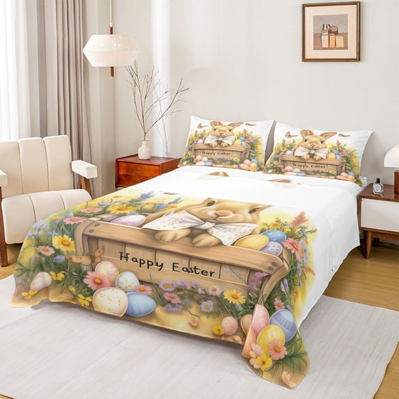 Erosebridal Brown Rabbit Kid Bed Sheets, Easter Eggs Groovy King Sheets, 4-Piece