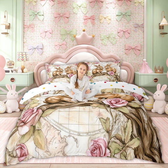 Erosebridal Brown Rabbit Kids Duvet Cover Set, Retro Pink Rose Bedding Full, 3pcs, No Comforter