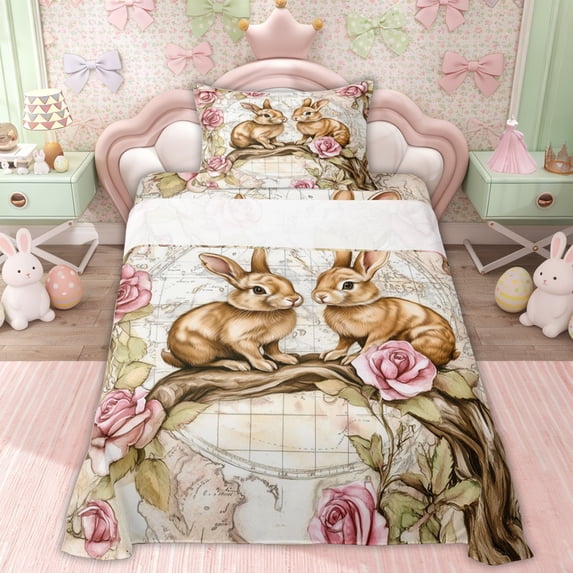 Erosebridal Brown Rabbit Kids Twin Sheet Sets, Retro Pink Rose Bedding, 3pcs