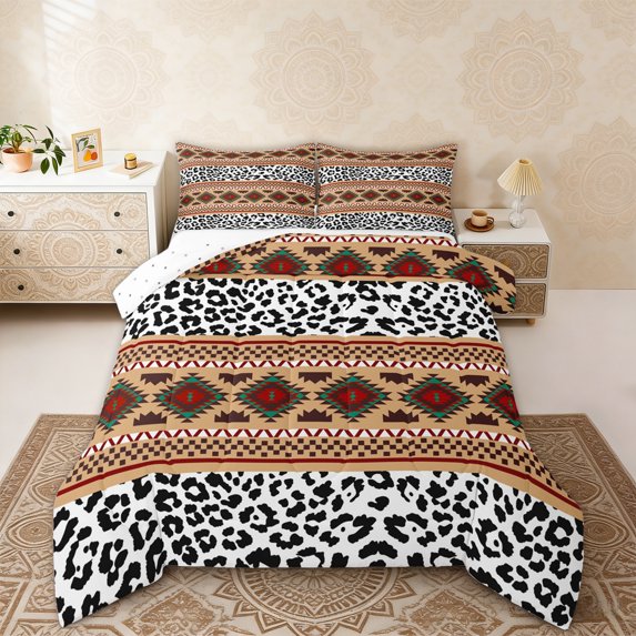 Erosebridal Brown Red Aztec Queen Comforter Set, White Black Leopard Print Bedding Comforter Set, Reversible 3pcs, 1 Comforter and 2 Pillowcases