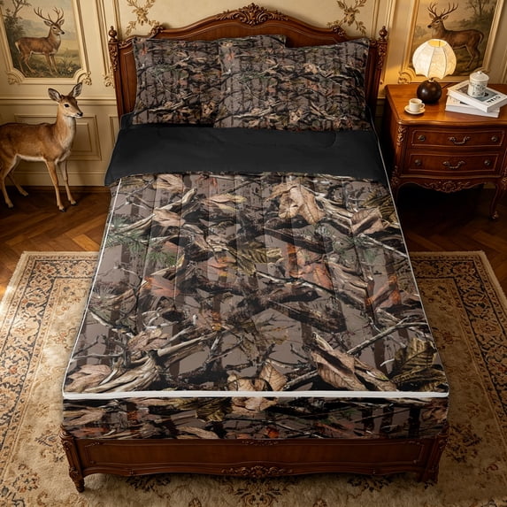 Erosebridal Brown Rustic Branch Zipper Twin Comforter Sets with Fitted Sheet and 2 Pillowcases for Women Men, Camo Plant Print Zipper Bedding Set, Black Reversible, 4 Pieces