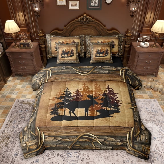Erosebridal Brown Rustic Farmhouse Bedding Comforter Set 7pcs, Deer Wildlife Queen Bedding Sets, Black Reversible