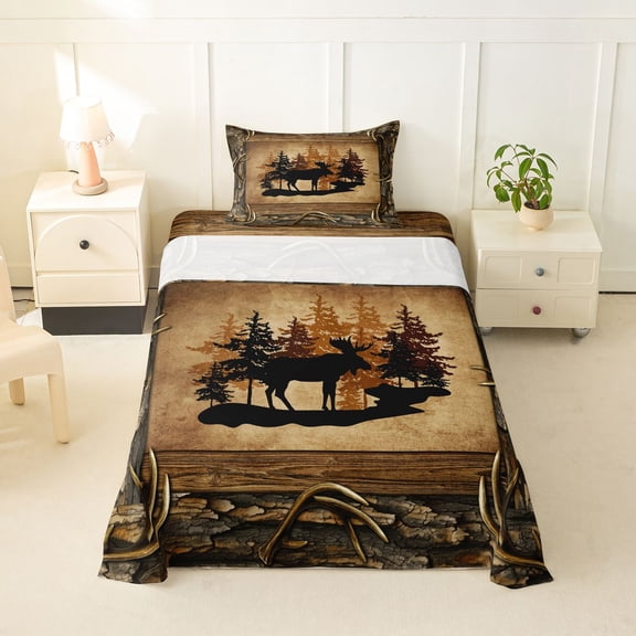 Erosebridal Brown Rustic Farmhouse Twin Sheet Sets, Deer Wildlife Bedding, 3-Piece