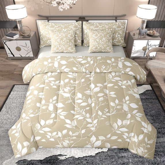 Erosebridal Brown White Twin Bedding Sets, Leaves Bedding Comforter Set, Gray Reversible, 7pcs