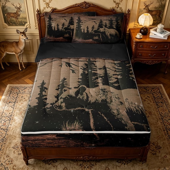 Erosebridal Brown Wood Bear Forest Zipper Twin Comforter Sets with Fitted Sheet and 2 Pillowcases for Boys Men, Pine Tree Mountain Print Zipper Bedding Set, Black Reversible, 4pcs