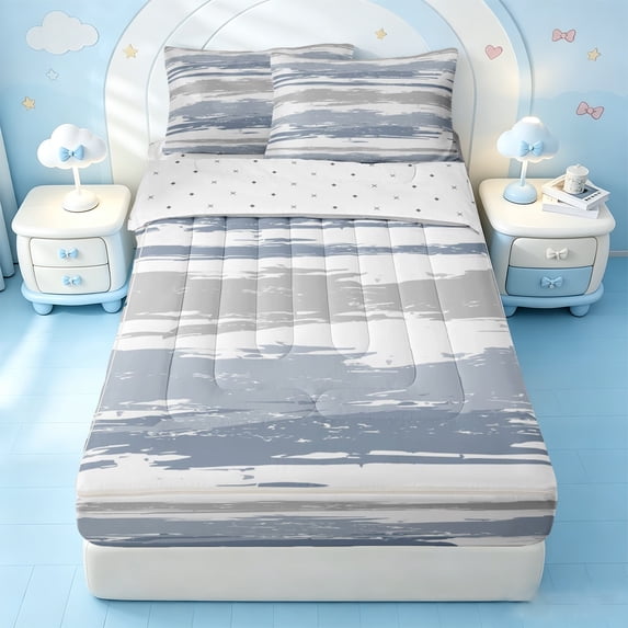 Erosebridal Brush Graffiti Stripe Zipper Twin Comforter Sets with Fitted Sheet and 2 Pillowcases,Blue Gray Paint Zipper Bedding Set For Girls,Reversible,4 Pieces