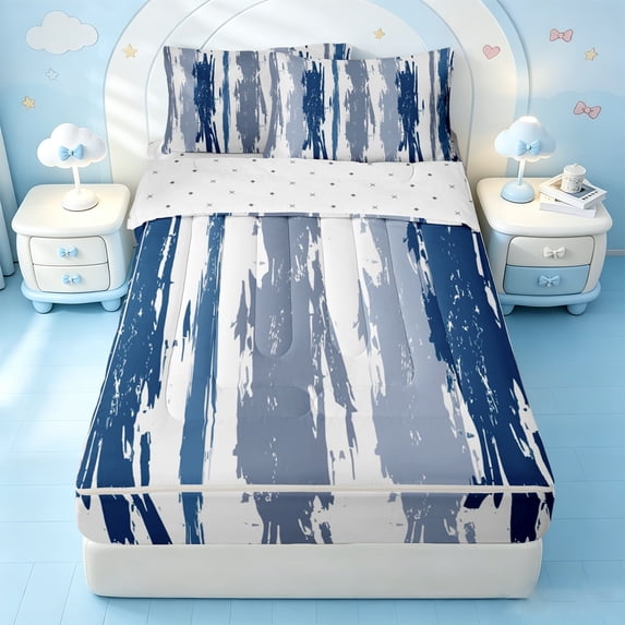 Erosebridal Brush Stripe Zipper Twin Comforter Sets with Fitted Sheet and 2 Pillowcases,Navy Graffiti Modern Zipper Bedding Set For Girls,Reversible,4-Piece