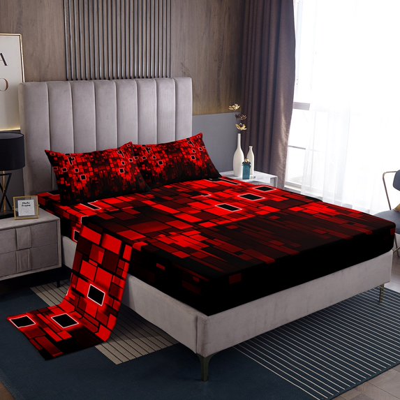 Erosebridal Buffalo Grid Full Sheet Sets,Futuristic Cubes Bedding Full Size,Checkerd Check Bed Sheets Set Full Size,Lightweight Geometric Bedroom Decorative,4-Piece