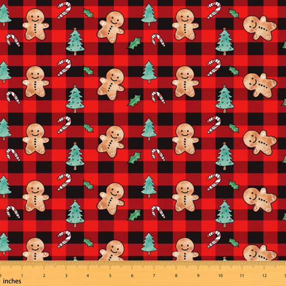 Erosebridal Buffalo Plaid Christmas Fabric by the Yard 5 Yards, Gingerbread Tree Candy Cane Pattern Fabric for Sewing