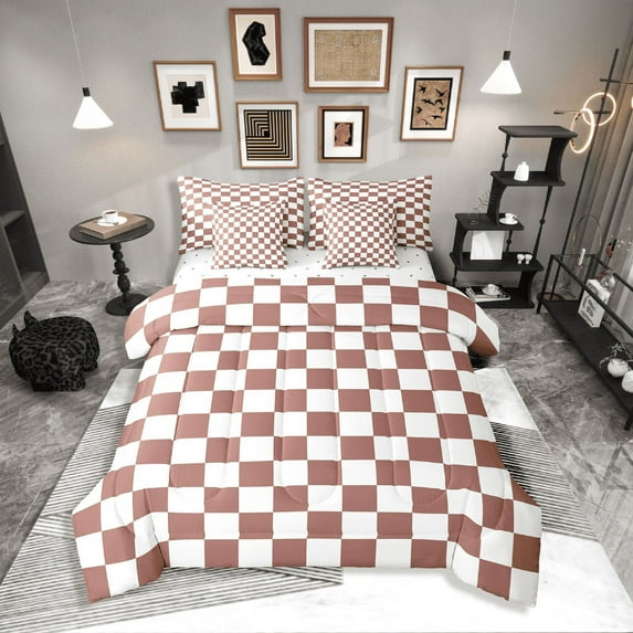 Erosebridal Buffalo Square Bedding Queen Size,Brown White Bed in a Bag Queen size,Geometric Decoration,Lightweight,7 Pieces