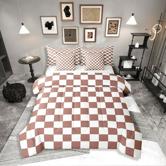 Erosebridal Buffalo Square Bedding Sets Twin Size,Brown White Comforter Sets with Sheets,Geometric Decoration,Breathable,7-Piece
