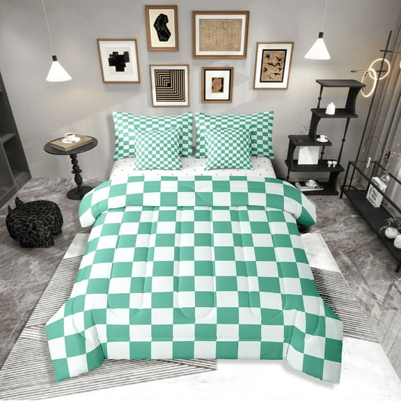 Erosebridal Buffalo Square Bedding Sets Twin Size,Green Teal Comforter Sets with Sheets,Geometric Decoration,Breathable,7-Piece