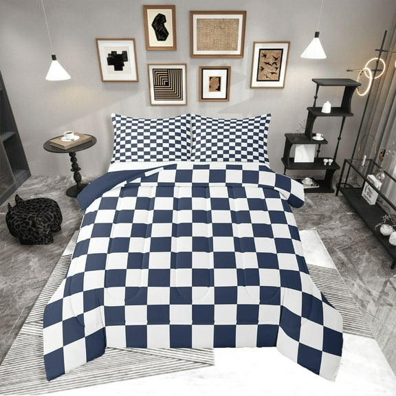 Erosebridal Buffalo Square Bedding Twin Comforter Set,Blue White Down Comforter,Geometric Decoration,Reversible,Lightweight,2-Piece