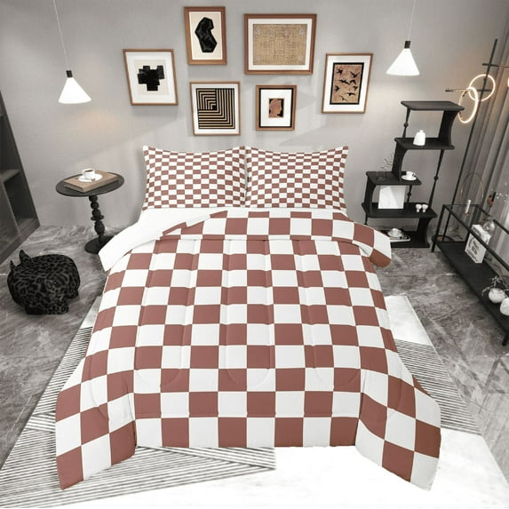 Erosebridal Buffalo Square Bedding Twin Comforter Set,Brown White Down Comforter,Geometric Decoration,Lightweight,2-Piece