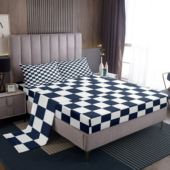 Erosebridal Buffalo Square Full Sheet Sets,Blue White Bedding Full Size,Geometric Decoration,Lightweight,4-Piece
