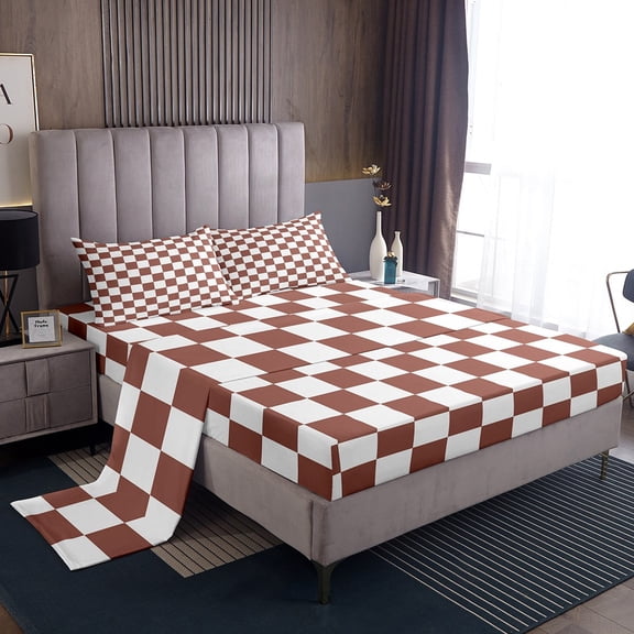 Erosebridal Buffalo Square Sheet Set Twin,Brown White Bedding Sets Twin Size,Geometric Decoration,Breathable,3pcs