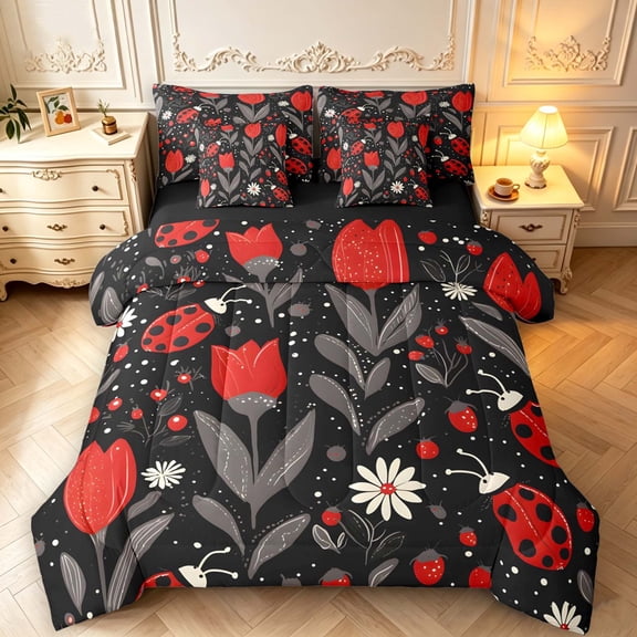 Erosebridal Bug Ladybug 7 Pieces Full Size Bedding Sets,Rustic Daisy Floral Full Size Bed in a Bag,Black Gray,Black Reversible