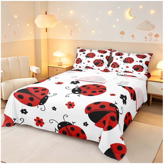Erosebridal Bug Ladybug Bed Sheets,Dreamy Daisy Floral Full Size Sheets,White Burgundy,4pcs,1 Flat Sheet,1 Fitted Sheet and 2 Pillowcases
