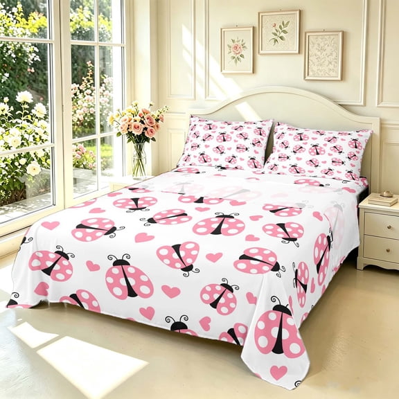 Erosebridal Bug Ladybug Bed Sheets,Kawaii Heart Print Full Size Sheets,White Pink,4pcs,1 Flat Sheet,1 Fitted Sheet and 2 Pillowcases