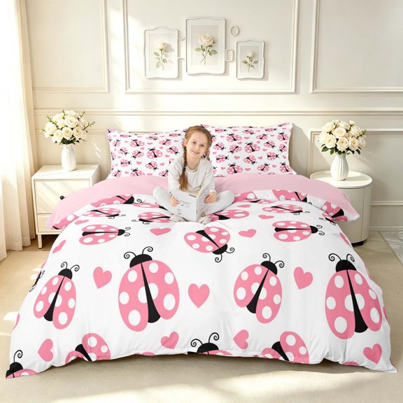 Erosebridal Bug Ladybug Bedding,Kawaii Heart Print Duvet Cover Full,White Pink,Pink Reversible,3pcs,1 Duvet Cover and 2 Pillowcases