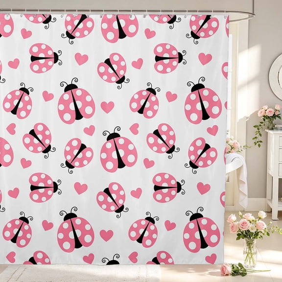 Erosebridal Bug Ladybug Shower Curtain 72Wx72L,Kawaii Heart Print Bathroom Curtain,White Pink