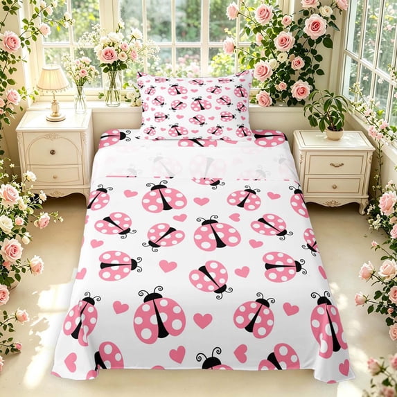 Erosebridal Bug Ladybug Twin Sheets,Kawaii Heart Print Bedding,White Pink,3 Pieces,1 Flat Sheet,1 Fitted Sheet and 1 Pillowcase