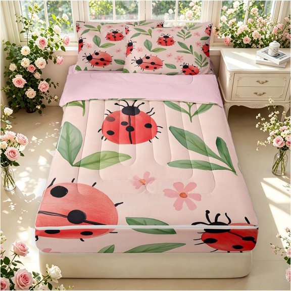 Erosebridal Bug Ladybug Zipper Twin Comforter Sets with Fitted Sheet and 2 Pillowcases,Transitional Flowers Zipper Bedding Set,Pink Green,Pink Reversible,4pcs