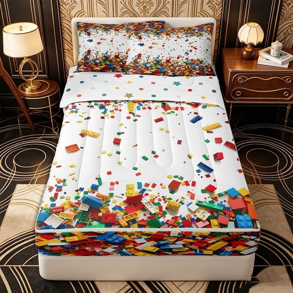 Erosebridal Building Block Pattern Zipper Queen Comforter Set with Fitted Sheet and 2 Pillowcases,Scattered Brick Print Zipper Bedding Set,Red Blue Yellow,Reversible