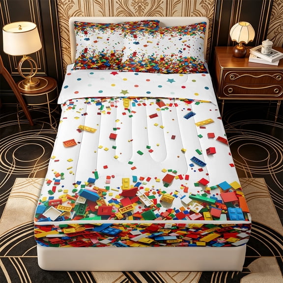 Erosebridal Building Block Pattern Zipper Twin Comforter Sets with Fitted Sheet and 2 Pillowcases,Scattered Brick Print Zipper Bedding Set,Red Blue Yellow,Reversible