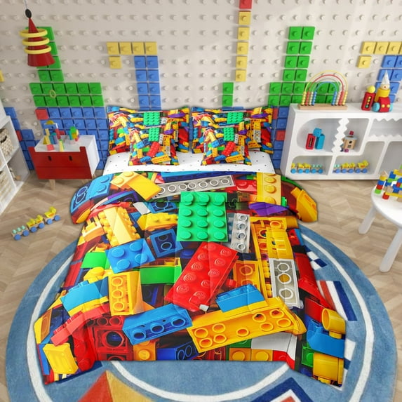 Erosebridal Building Blocks 7 Pcs Comforter Set Queen, Colorful Toy Bedding , 3D Rainbow Construction Brick Sheet Set Bed in A Bag Funny Geometric Rectangle Down Comforter
