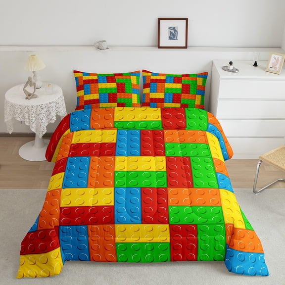 Erosebridal Building Blocks Bedding King Comforter Set, Colorful Construction Down Comforter, Geometric Brick Decor, Ultra Soft