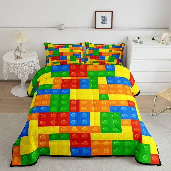 Erosebridal Building Blocks Bedding Sets Queen with Comforter, Cartoon Brick Duvet Insert, Square Geometry Decor, Lightweight 3pcs