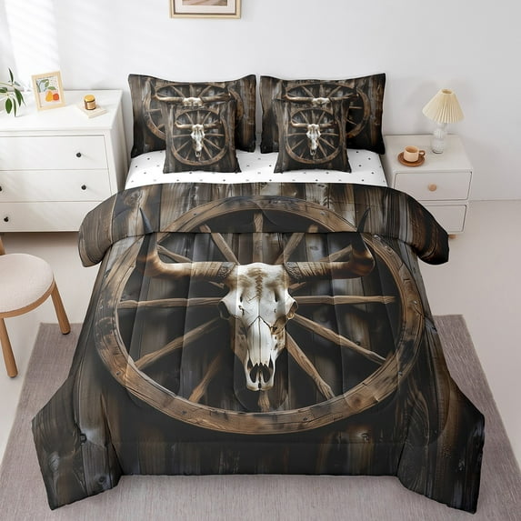Erosebridal Bull Skull Bed in a Bag King Size,Vintage Lodge Cabin Bed Set,Brown Wooden Wheel Bedding King Size,Microfiber Bedroom Decor,7 Pieces