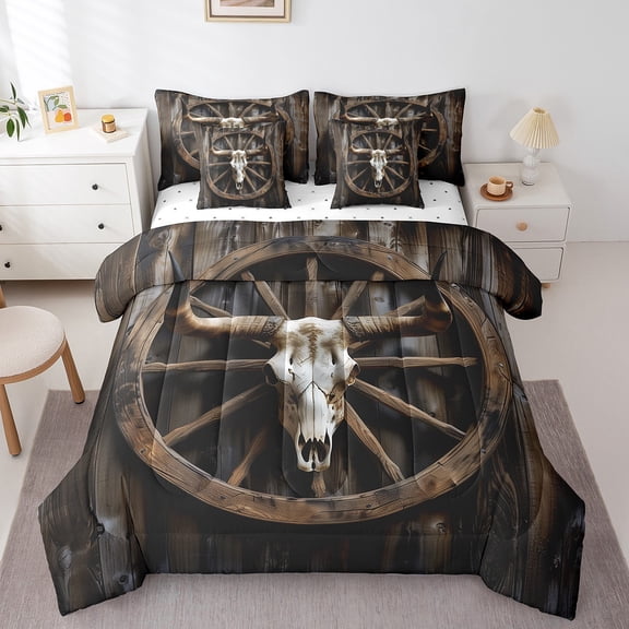 Erosebridal Bull Skull Bed in a Bag Twin Size,Vintage Lodge Cabin Bed Set,Brown Wooden Wheel Bedding Twin Size,Microfiber Bedroom Decor,7 Pieces