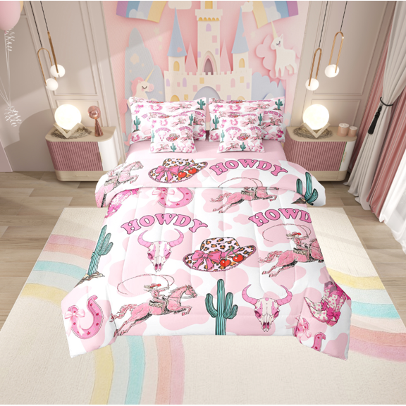Erosebridal Bull Skull Bedding Sets Twin Size,Cow Print Comforter Sets with Sheets,Hat Horseshoe Bed in a Bag Twin size,Ultra Soft Western Room Decor,Reversible,7pcs