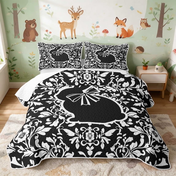 Erosebridal Bunny Bed Spread Queen for Girls, Black Damask Queen Coverlet Set, 3pcs 1 Quilt and 2 Pillowcases
